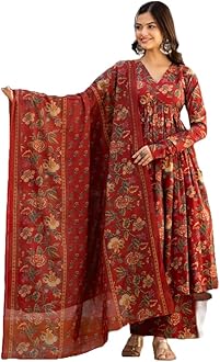 MEERA FAB Women's Cotton Blend V-Neck Anarkali Printed Kurta with Palazzo & Dupatta