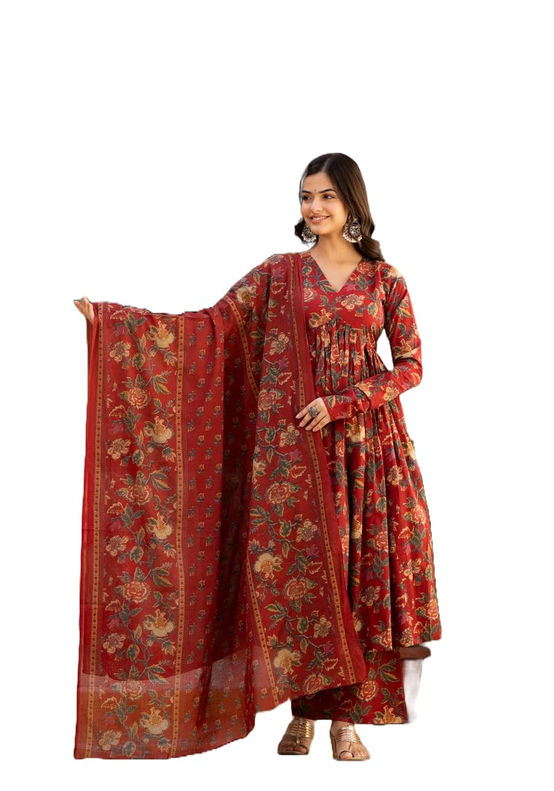 MEERA FABWomen's Cotton Blend V-Neck Anarkali Printed Kurta with Palazzo & Dupatta