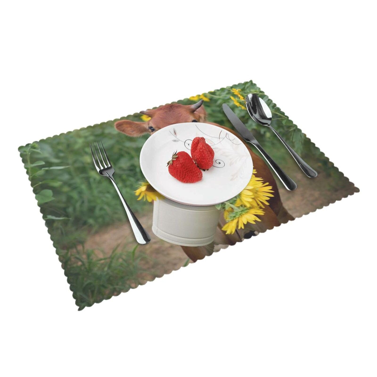 cow in sunflowers Printed Placemats Set of 4 PCS Washable Placemat for Kitchen Table Heat-resistant Table Mats 45x30 CM
