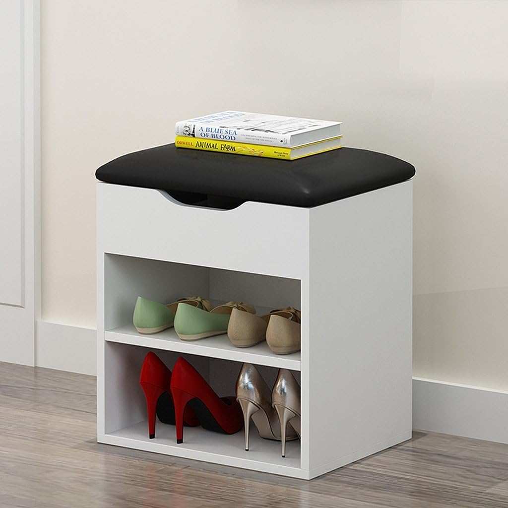 ZHEN GUO SHELF Modern White MDF Small Shoe Bench With Storage And Black PU Cushion, Minimalist Shoe Rack Entryway Over The Door Organizer, 43x40x30cm, 2 Tier