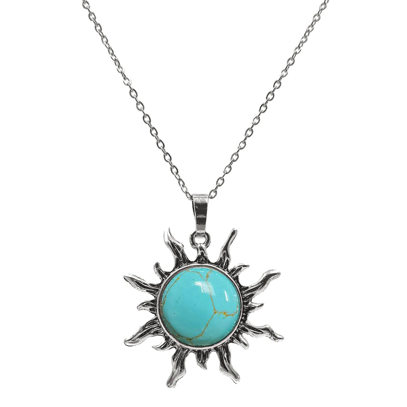 Turquoise Necklace for Women, Boho Sun Pendant Necklace with Stainless Steel Chain, Handmade Spiritual Healing Stone Western Necklace for Women (Turquoise)