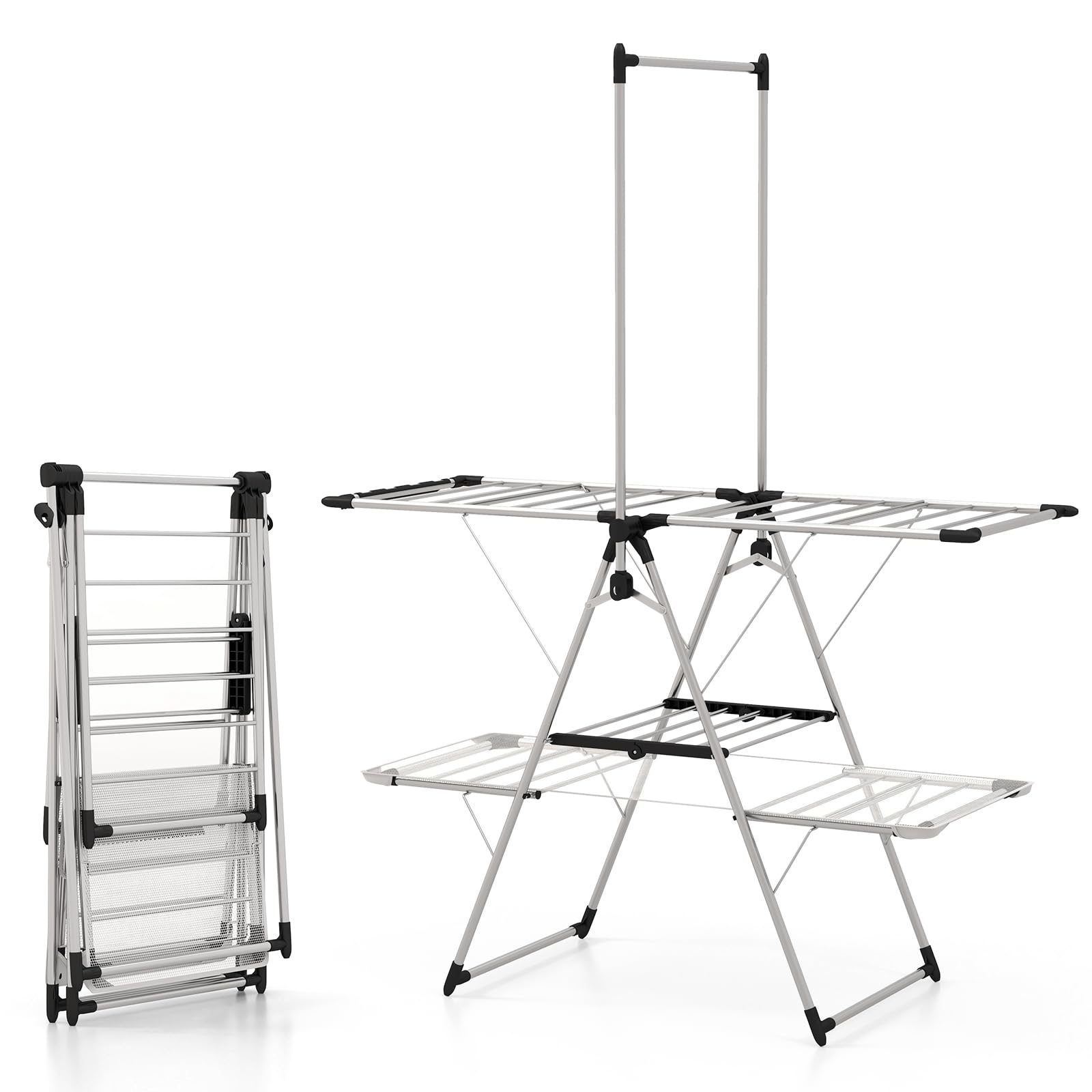 COSTWAY Foldable Clothes Drying Rack, 3-Tier Clothes Airer Dryer Horse with Height-Adjustable Wings, High Hanger, Sock Clips and Shoe Hook, Stainless Steel Laundry Rack Stand for Indoor Outdoor Use