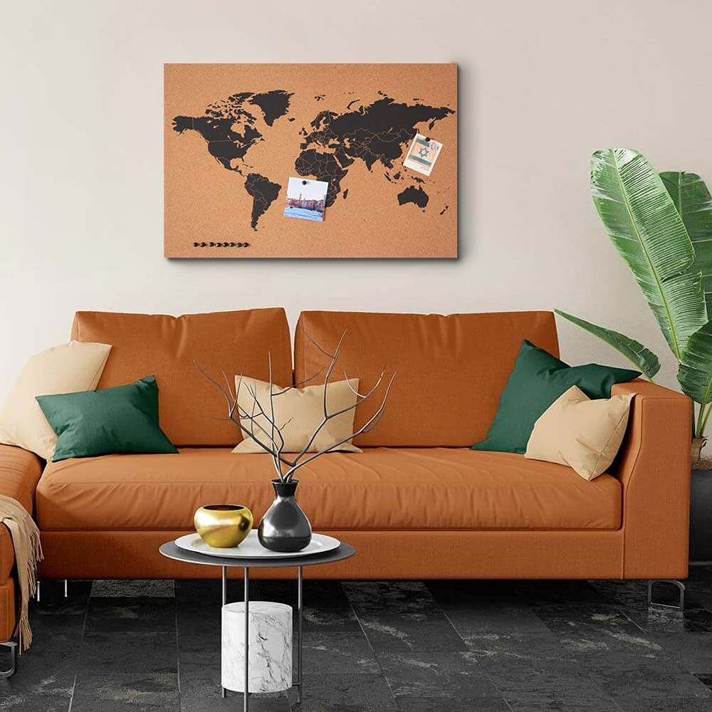 BAKAJI Panel tablicy ogłoszeń globus korkowy mapa świata mapa świata drewniana rama rozmiar 60 x 40 cm ściana ścienna nowoczesny design z 10 pinami pomysł na prezent