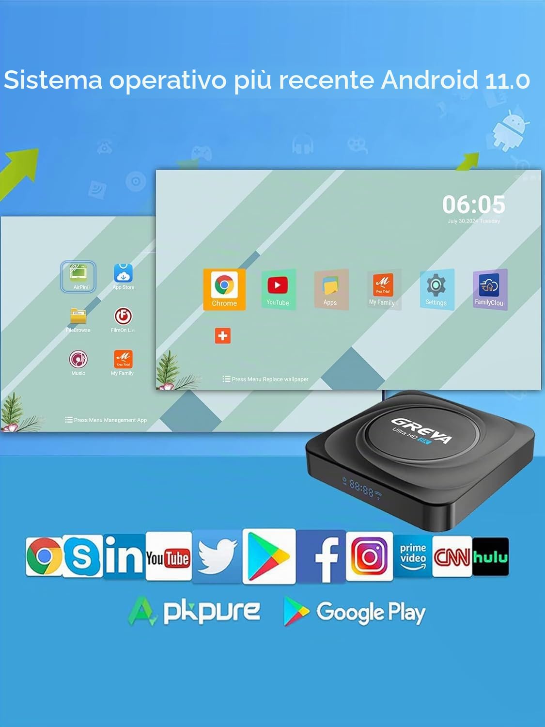 GREVA Android TV Box 11.0, 8K TV Box RK3566 CPU 8GB RAM 128GB ROM Supporto 100/1000M LAN Enternet 2.4G/5.8G WiFi BT 5.0 USB 2.0/3.0 Smart TV Box