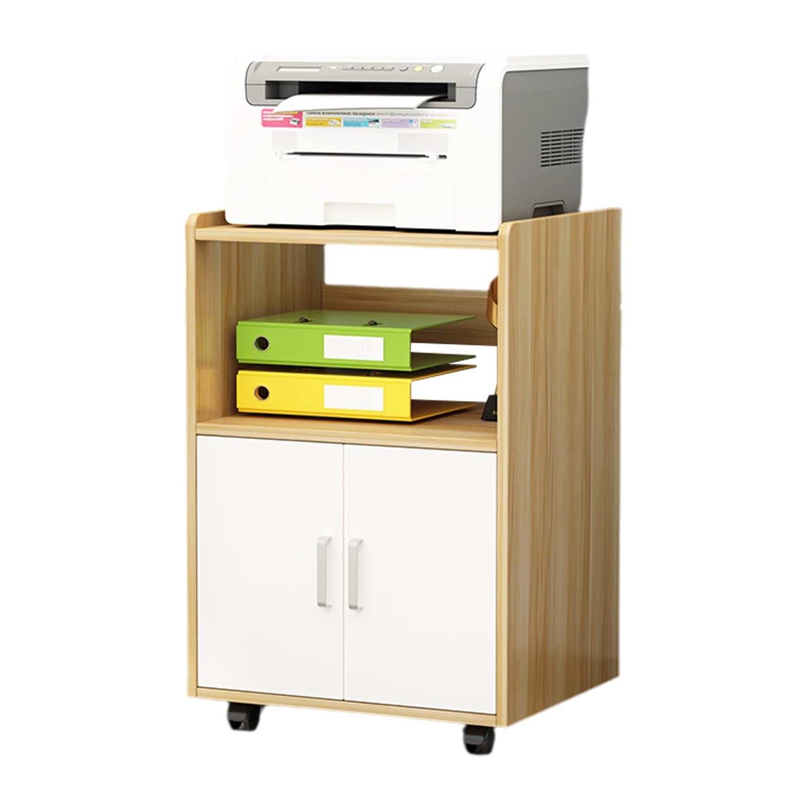 Aioneer Light Walnut White Small Filing Cabinet On Wheels - Solid Wood Particle Board, Rounded Corners, Mobile File Storage, Printer Cart For Home Office Nization