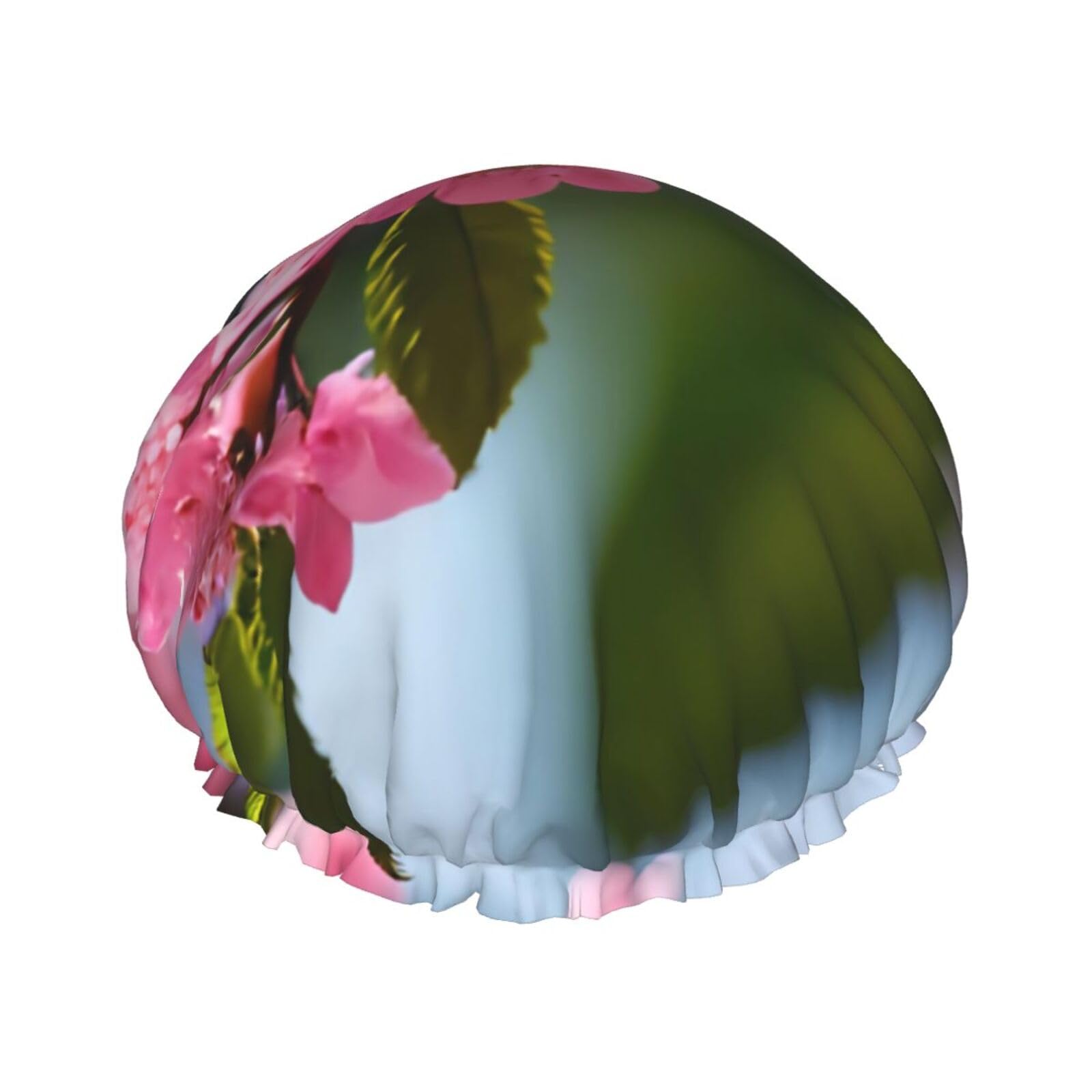 Gorro de ducha reutilizable con estampado de flores de cerezo rosa para mujer, doble capa impermeable, gorro de baño de secado rápido