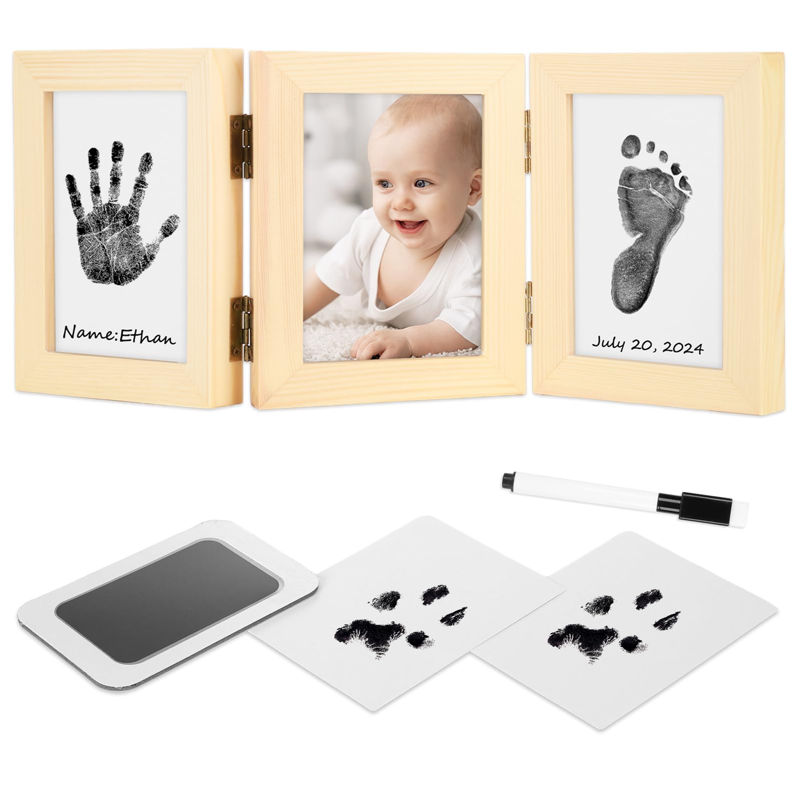 Kit de huellas de manos y pies de bebé, fabricante de huellas y manos sin tinta, regalos para nuevos padres, marco de madera de recuerdo de recién nacido, regalos para baby shower para niños y niñas