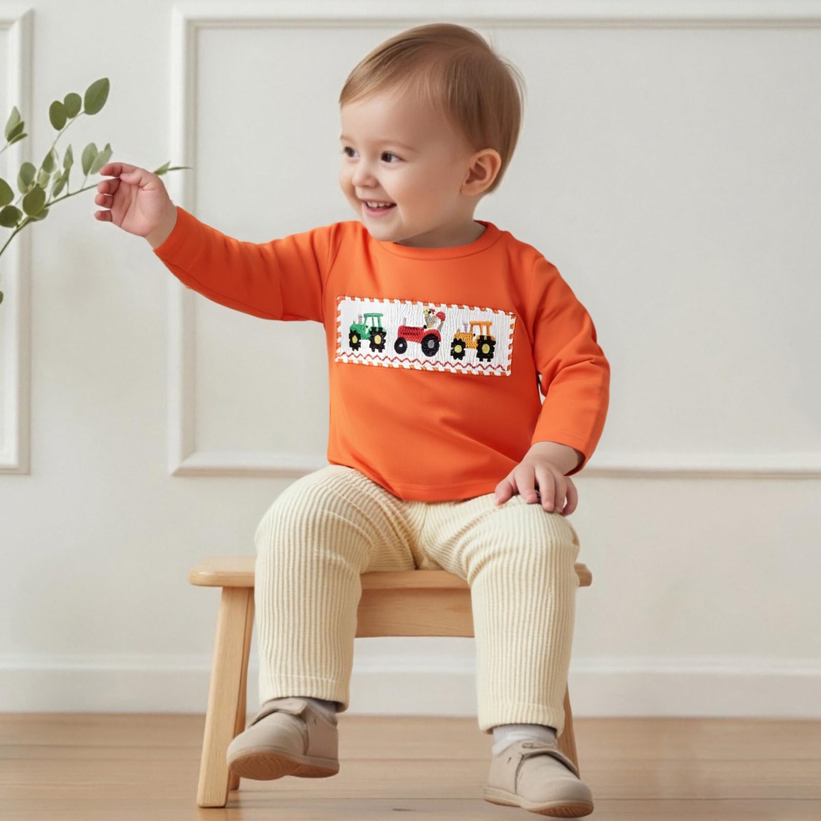 Rtnnsbbfcm Toddler Baby Boy Clothes Long Sleeve Sweatshirt Pullover Tops and Plaid Pants Fall Winter Farm Outfits 2 Piece Set (Truck Orange, 18-24 Months)