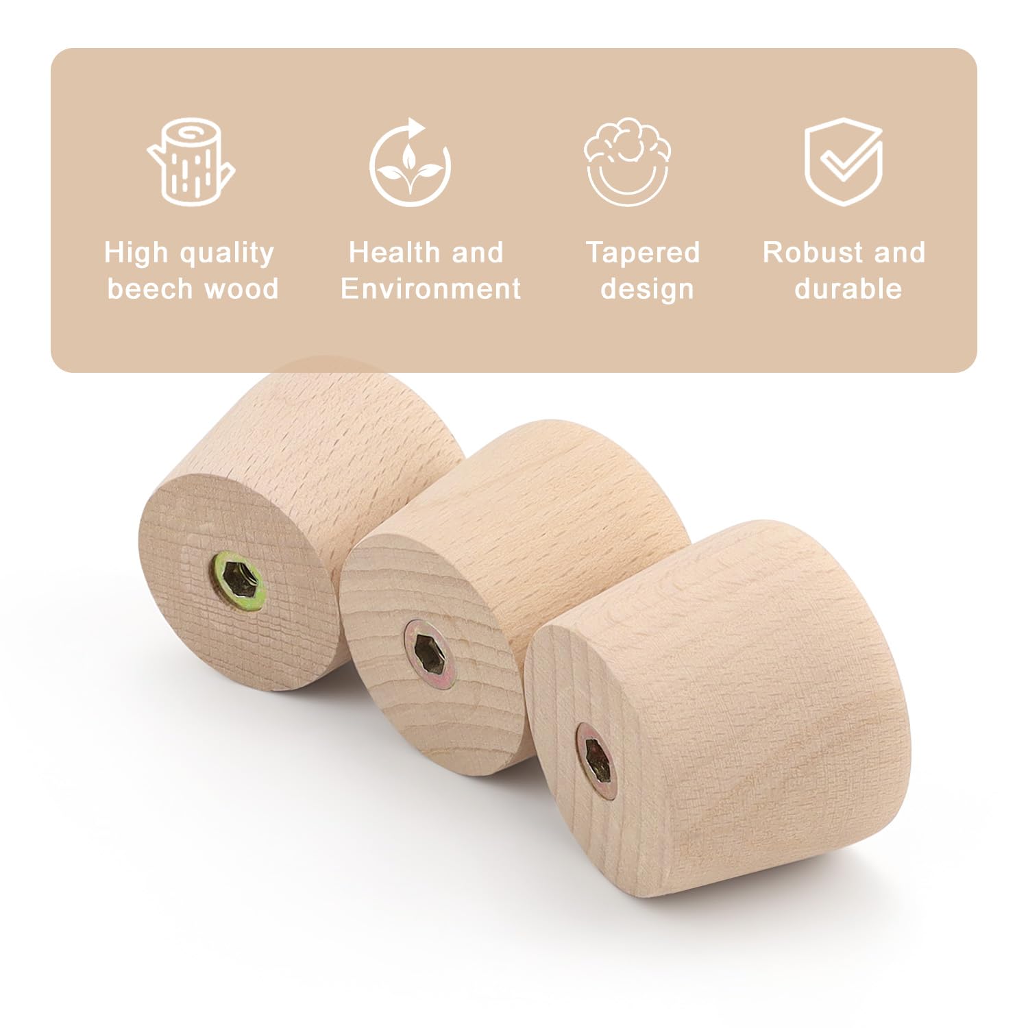 JANDH 5 Pieces Coat Hooks, Beech Wood Tapered Hooks, Suitable for Hanging Clothes, Beige - Image 3