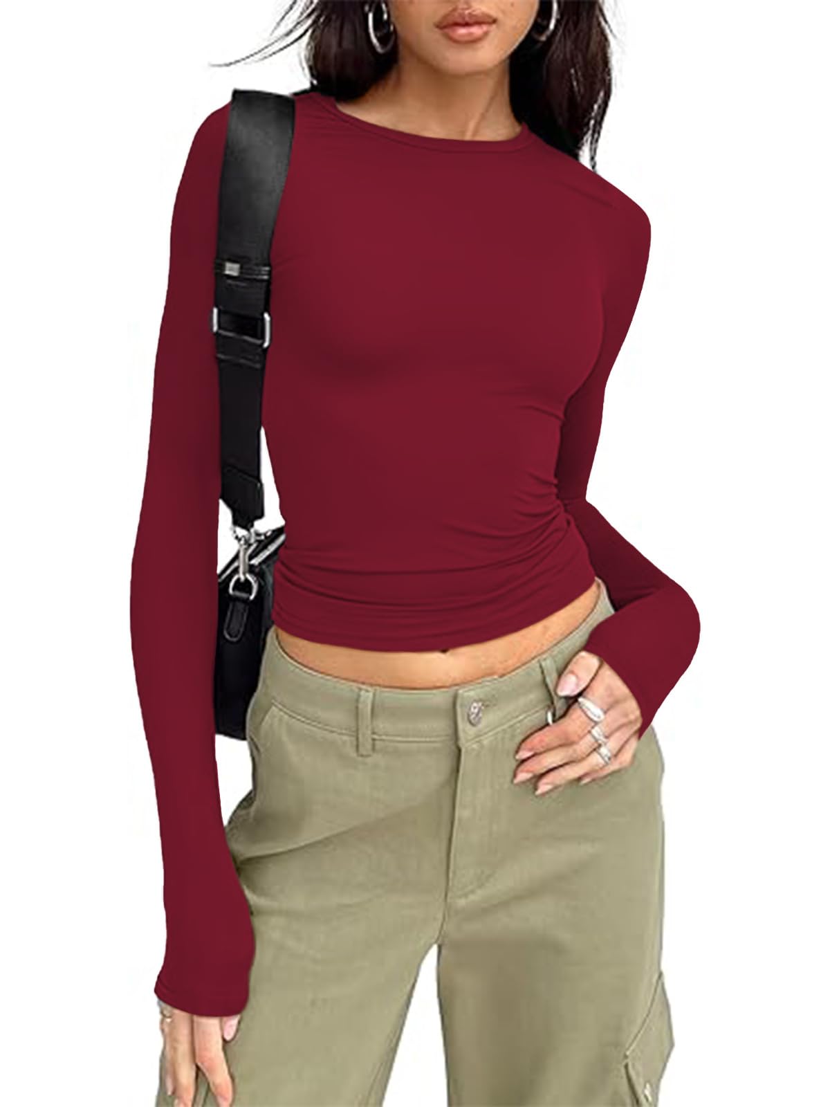 OOHOKAY Damen Langarmshirt Basic Oberteile Y2K Slim Fit Klassischer Tshirt Langärm Crop Tops