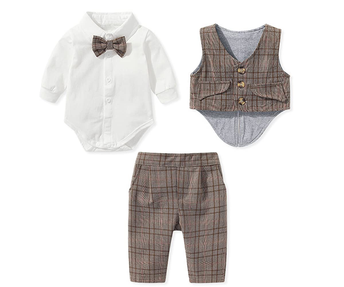 DINGDONG'S CLOSET Baby Tollder Boy Formal Outfit Suit with Long Sleeve Shirt+Pants+Bow Tie+Waistcoat Clothes Set (18-24M) Coffee