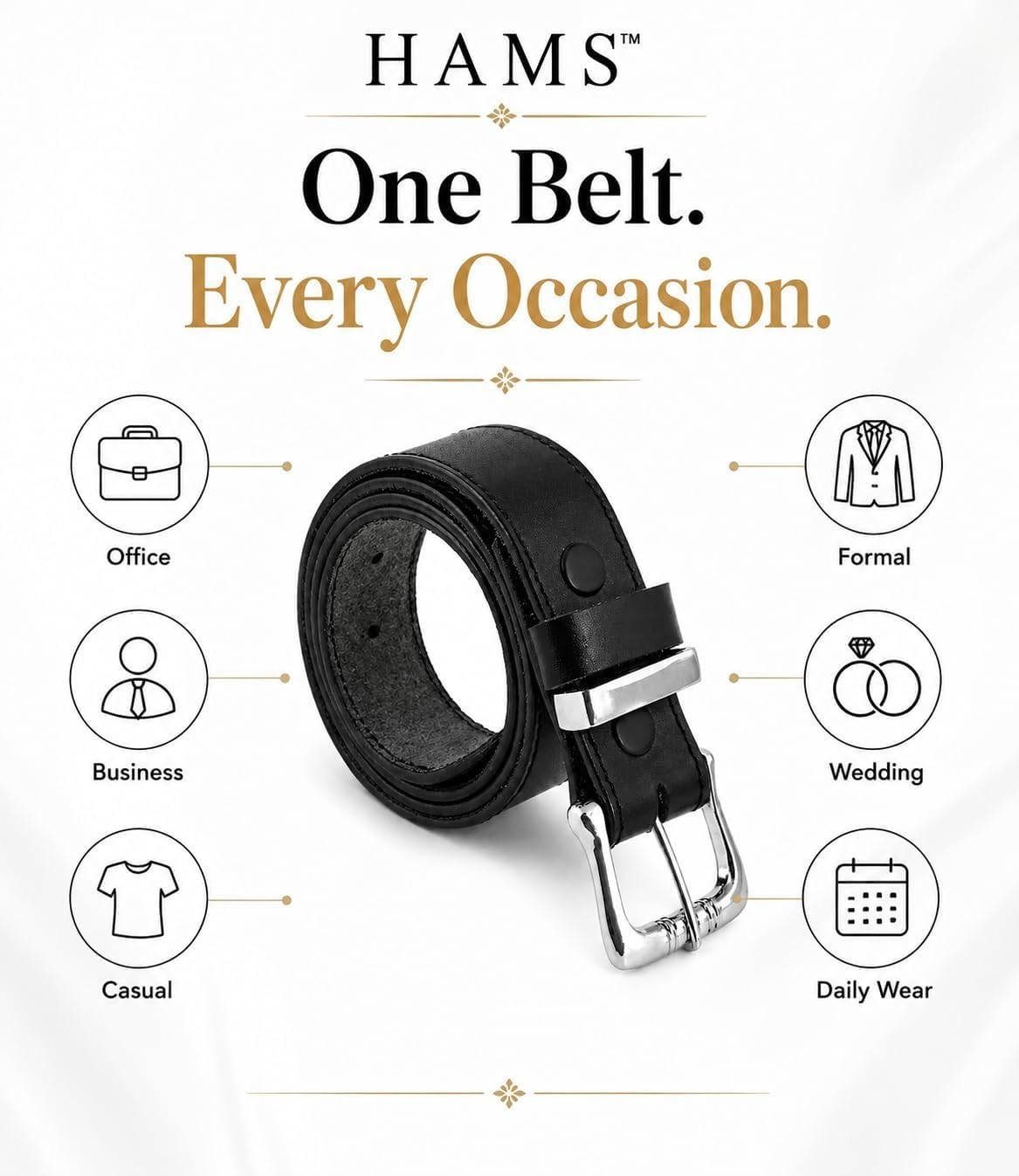 HAMS™ Cinturón de Cuero Genuino para Hombre, Negro con Hebilla