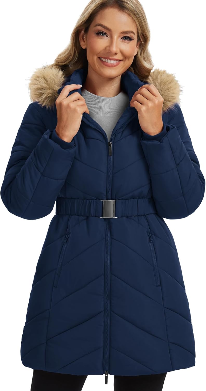 Funlingo Women's Winter Puffer Coat with Removable Hood Double Zipper Thickened Long Parka Jacket with Elastic Waistband - Image 2
