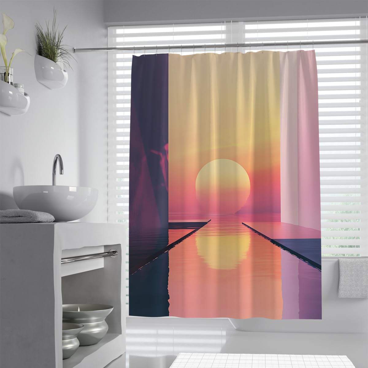UIRINGART Retro Sunset Horizon Shower Curtain W180xL200cm Modern Abstract Geometric Ocean Pattern Waterproof Mildew Resistant Home Hotel Bathroom Screen With Hook