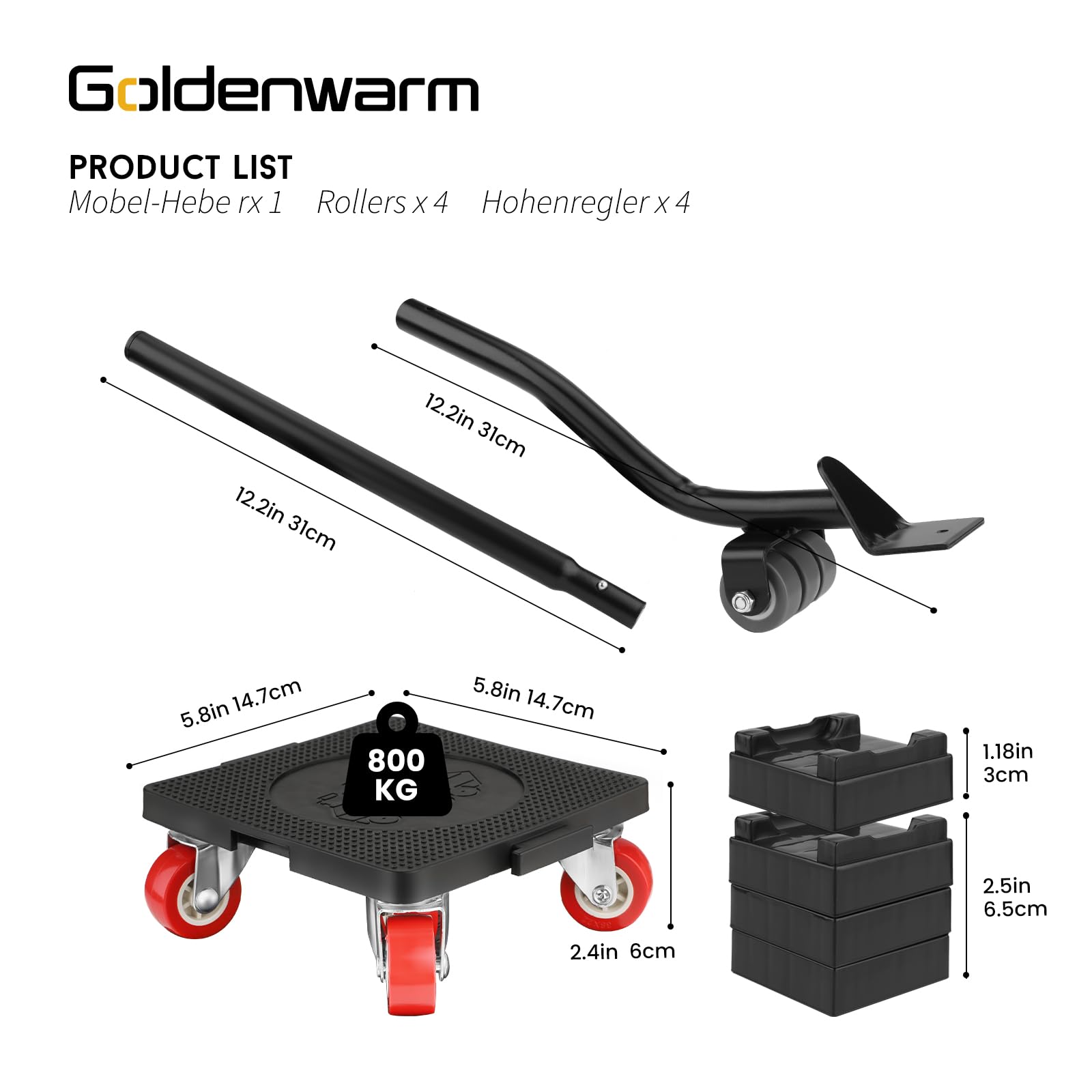 goldenwarm Sollevatore per mobili pesanti, 4 rotelle per mobili con 5 ruote rotanti a 360°, grande carico di 800 kg, tollerato