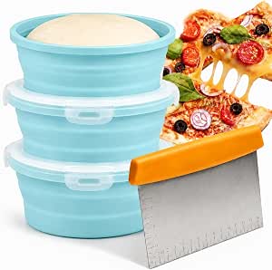 3 Pack Pizza Dough Proofing Container, 40oz/1200ml Silicone Proofing Box with Clear Airtight Lids, Stackable Fermentation Storage for Pizza, Bread, Sourdough, Includes Dough Cutter