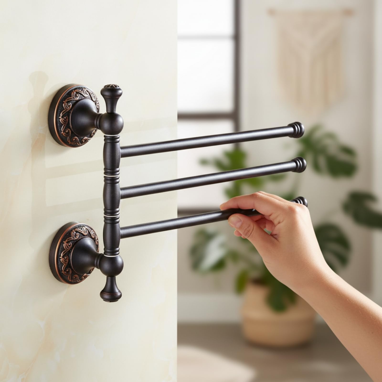 Toallero Giratorio 3 Brazos Resistente Toallero con 3 Brazos Estable Soporte para Baño, Negro, Estilo Europeo, Diseño De Tres Barras, Acabado En Negro Mate