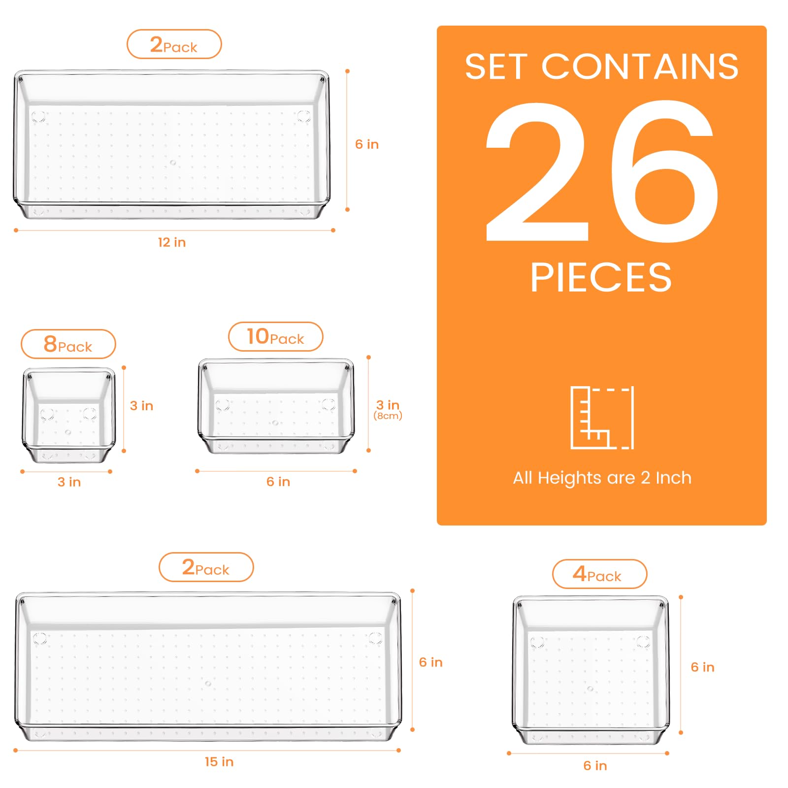 Criusia Drawer Organizer, 26 Pack Clear Plastic Drawer Organizer Bins, Versatile Organization and Storage Trays for Kitchen, Bathroom, Vanity Makeup and Office