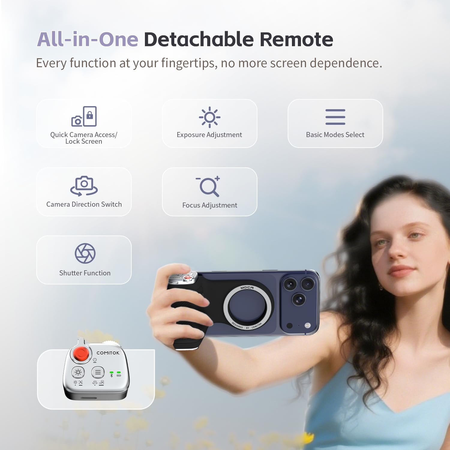 COMITOK MOCA - Poignée magnétique pour iPhone 17 - Compatible iOS 26 - avec télécommande Multifonction Amovible - Design Ergonomique - en Silicone PureTouch - pour Support de vlogging