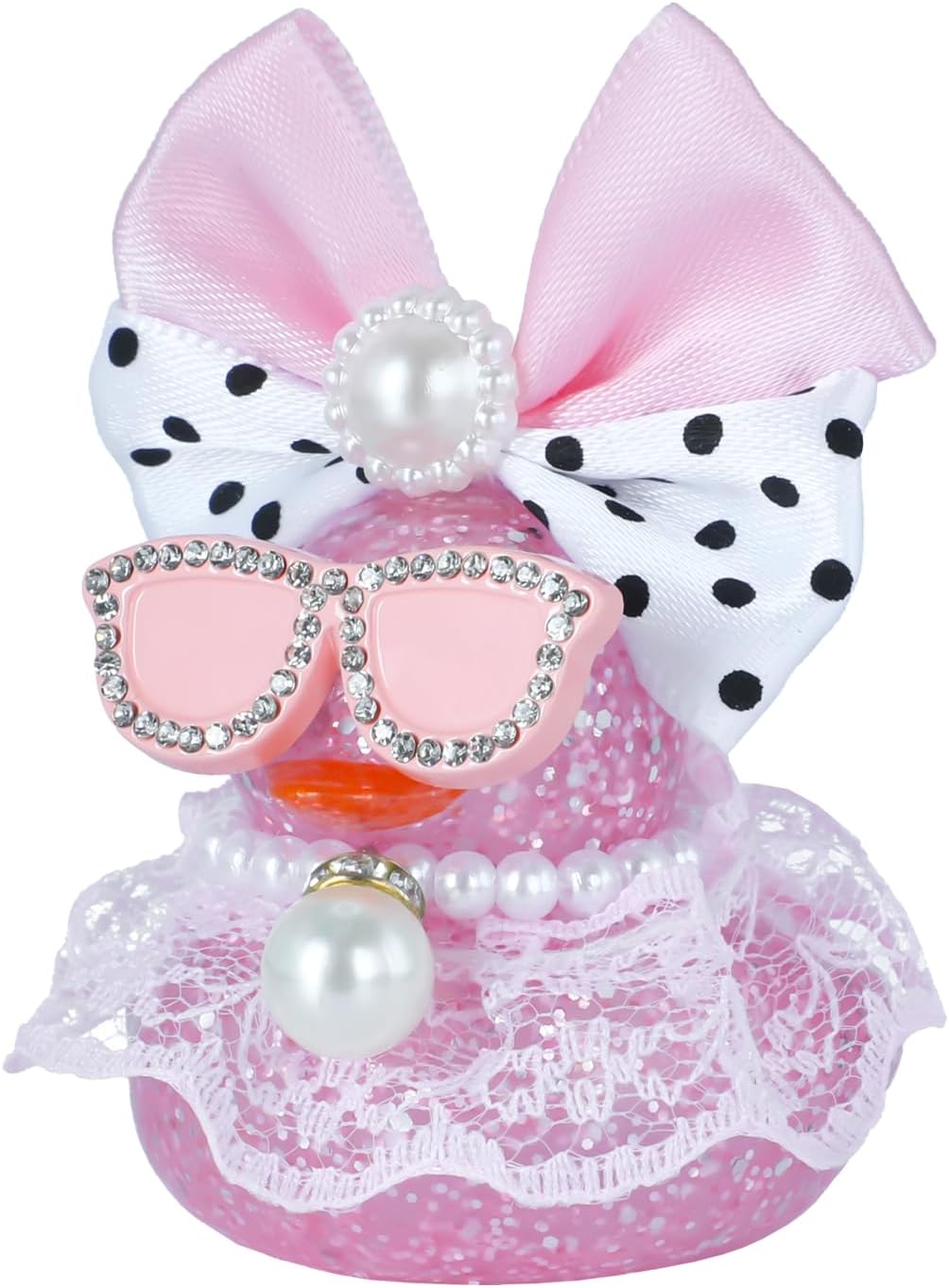 Mini Pink Rubber Duck Car Accessories with Pink-White Two-Tone Bow, Pink Diamond Glasses, Pearl Necklace (with Pendant), Pink Skirt, Safe Rubber Material for Dashboard Decor and Home Decoration