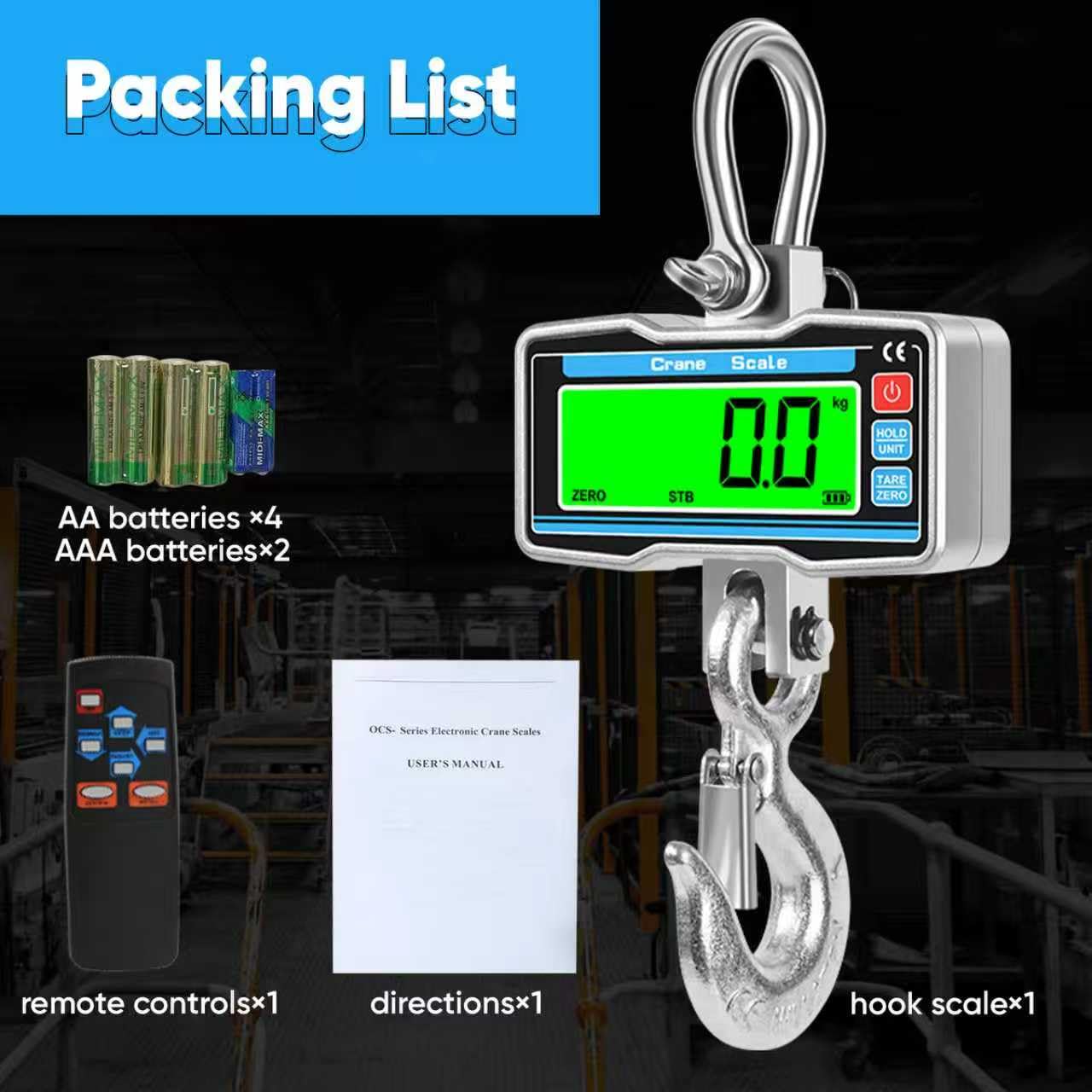 Báscula de Grúa Electrónica 2000KG, Memows Báscula Colgante Portátil con Pantalla LCD y Control Remoto, Balanza Digital de Alta Precisión, Industrial Escala con Gancho Resistente para granja