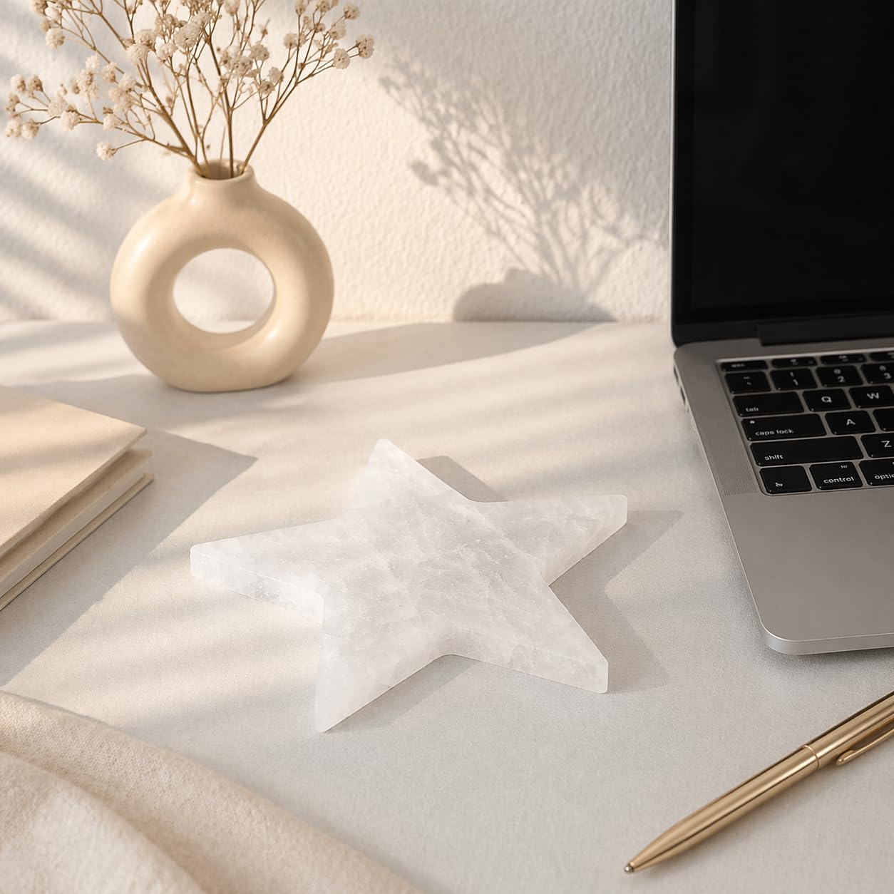 NKlaus Piastra selenite stella 12 x 1 cm – piastra selenite a forma di stella per meditazione, lavoro energetico e spazi spirituali, fatta a mano per conservare pietre preziose o gioielli,