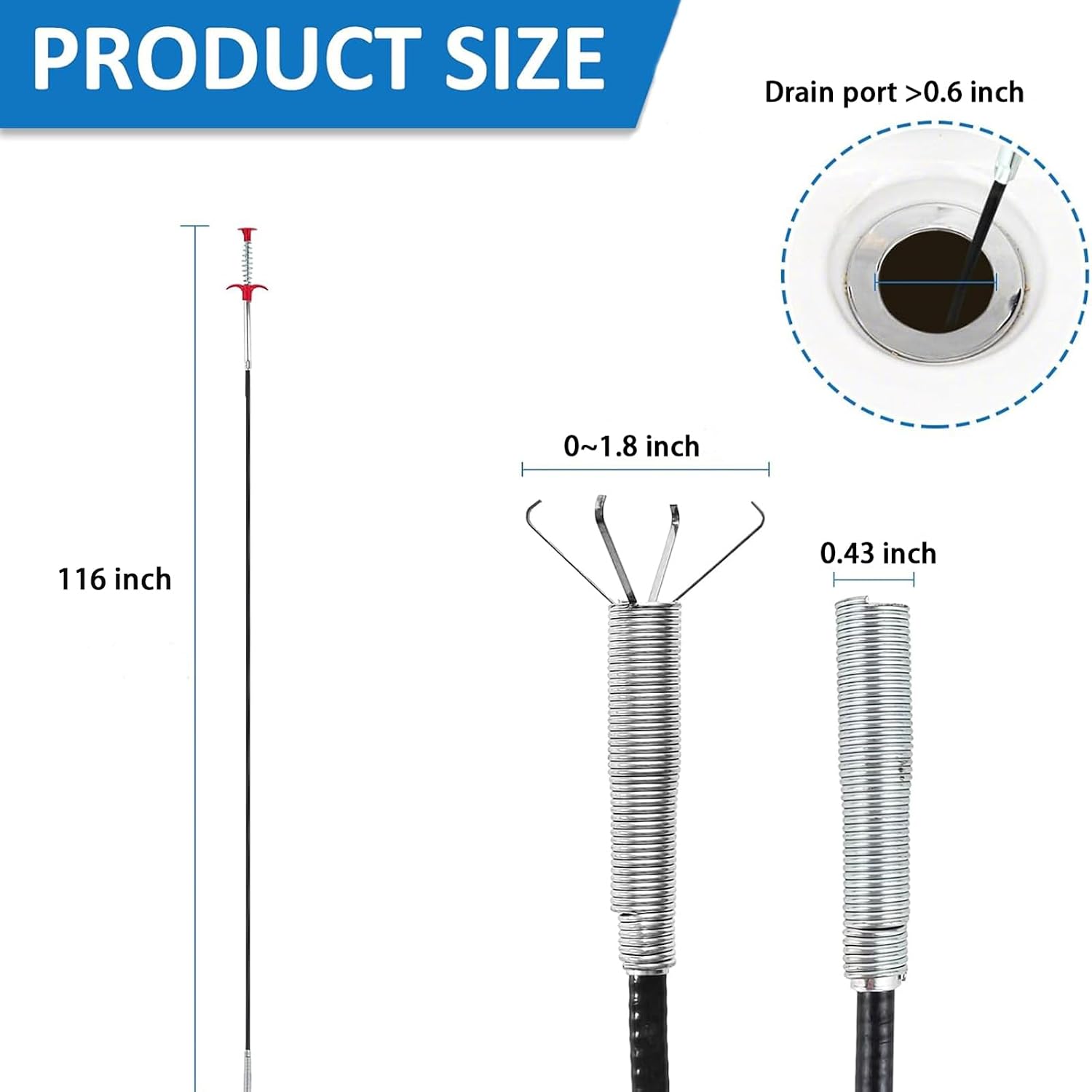 Drain Snake Hair Drain Clog Remover Tool - 116 inch Sink Drain Cleaner for Toilet Sewer Shower Kitchen Bathroom Tub Clogged Drains Opener Cleaning Tool