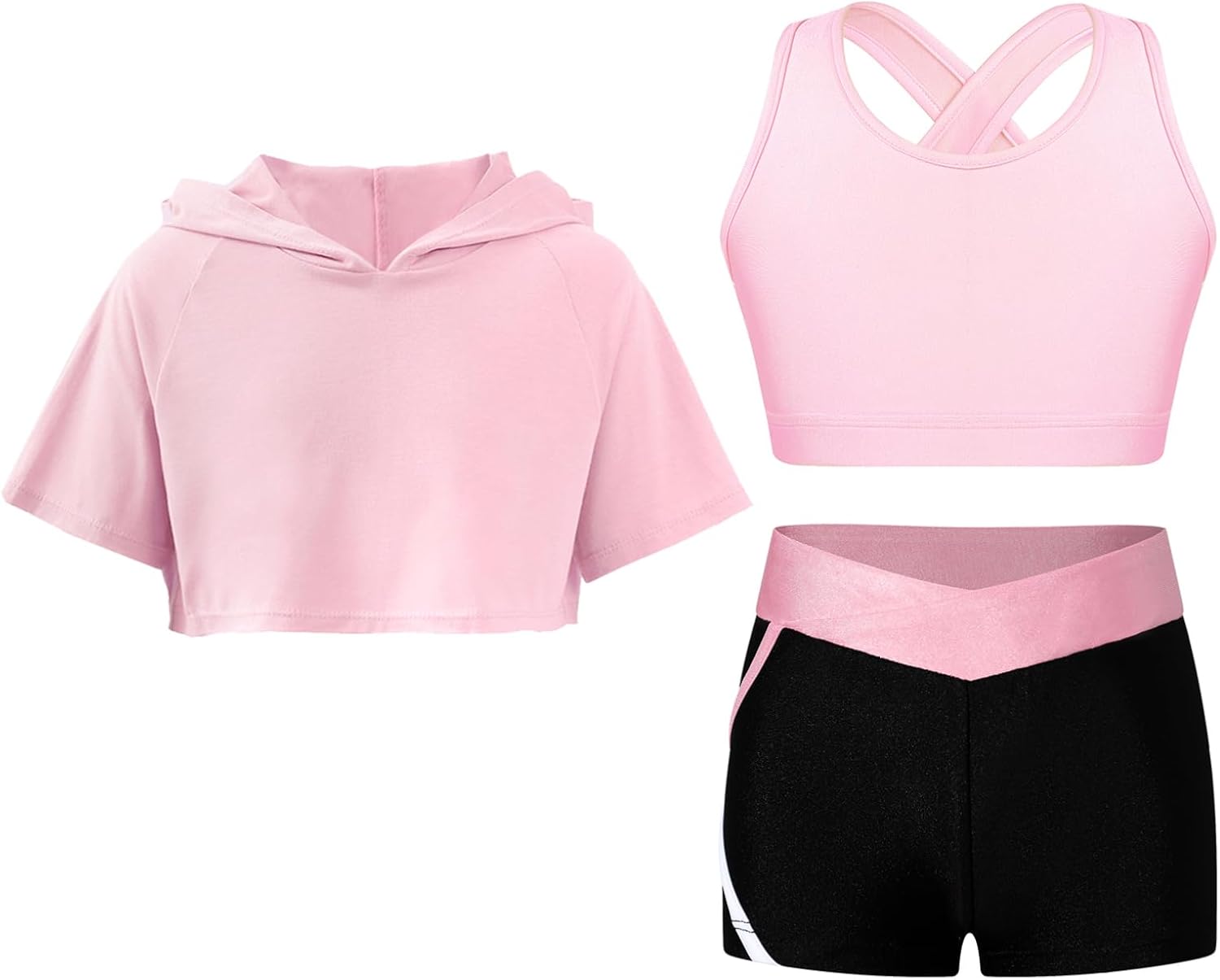 Hansber Kids Girls 3 Piece Dance Outfit Dancewear Short Sleeve Yoga Crop Tops and Shorts with Hooded Tank Tops Set