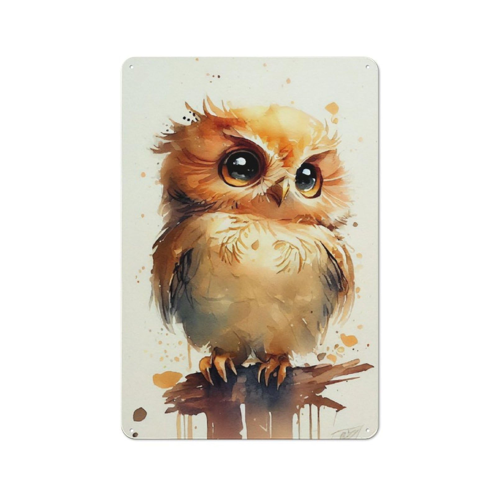 Junmoney Owl Cute Watercolor Classic Metal Gift Sign 30X20cm, Small Space Decor For Home, Shop, Pub Or Studio Wall