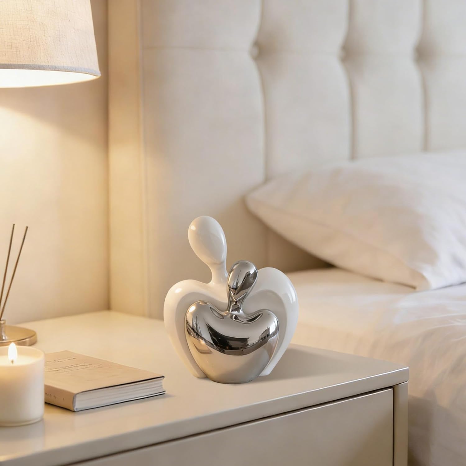 Ceramic Couple Figurine, Modern Abstract Embracing Lovers Sculpture for Shelves, Console & TV Stand Decor, Small Heart-Hug Statue, Anniversary & Wedding Gift for Couples – White and Silver - Image 5