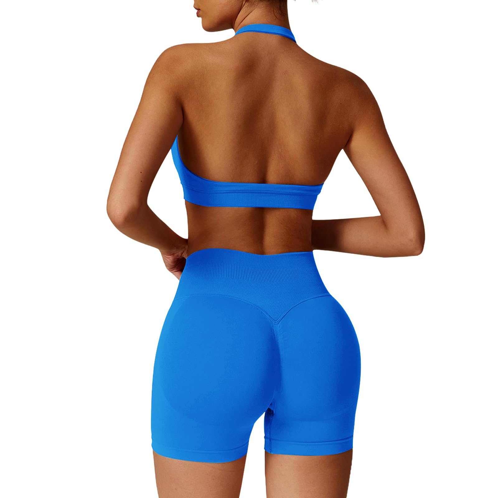Seamless Workout Sets for Women 2 Piece Halter Backless Sports Bras Hidden Scrunch Shorts Yoga Outfits Gym Tracksuit
