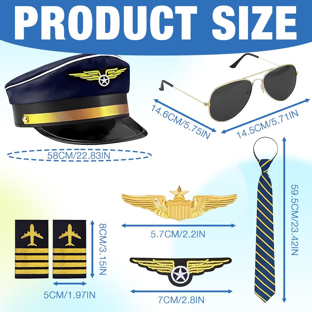 XEERUN 7PCS Pilot Costume Accessories Set, Airline Pilot Captain Hat Costume Accessories Set - Image 2