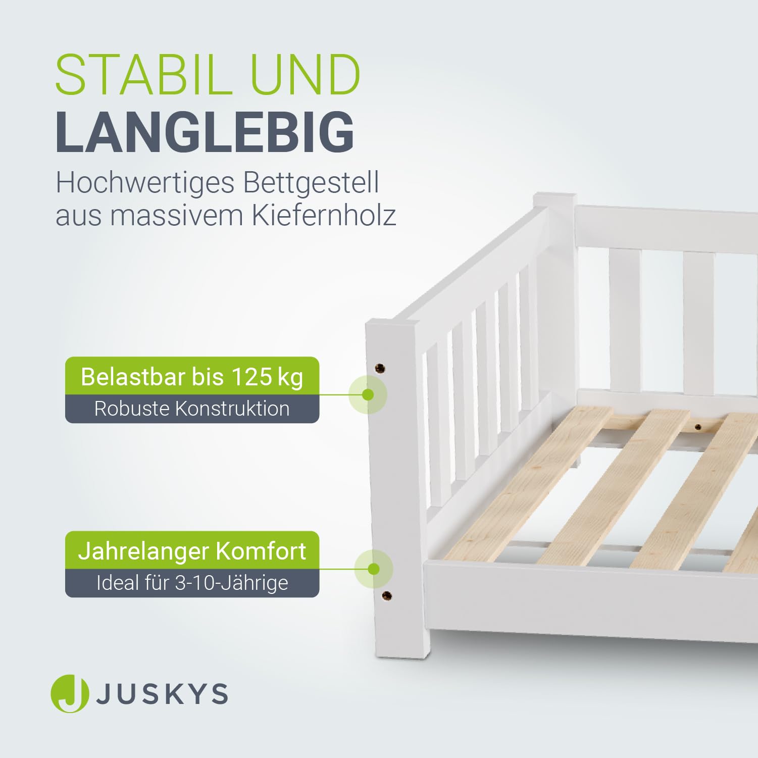 Juskys Kinderbett Naya - 90x200 cm Bett mit Matratze, Rausfallschutz & Lattenrost - Holz Bodenbett für Kinder 3-10 Jahre - Bettgestell Weiß