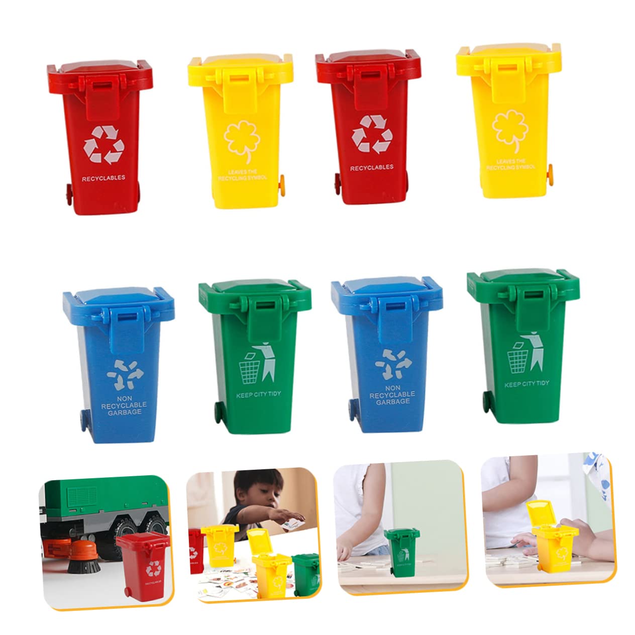 PLAFOPE 8Pcs Kid Push Plastic Garbage Truck Toy Children Trash for Imaginative Play for Toddlers and Kids Miniature Garbage Cans