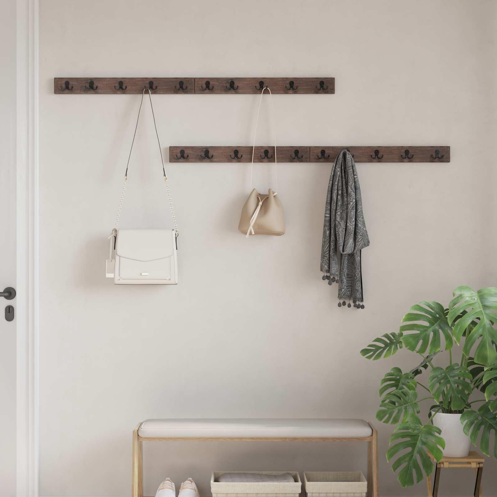 Kleiderbügel aus massivem recyceltem Holz und Gusseisen, 60 cm breit, braun, für kleine Räume, kein Aufbau nötig