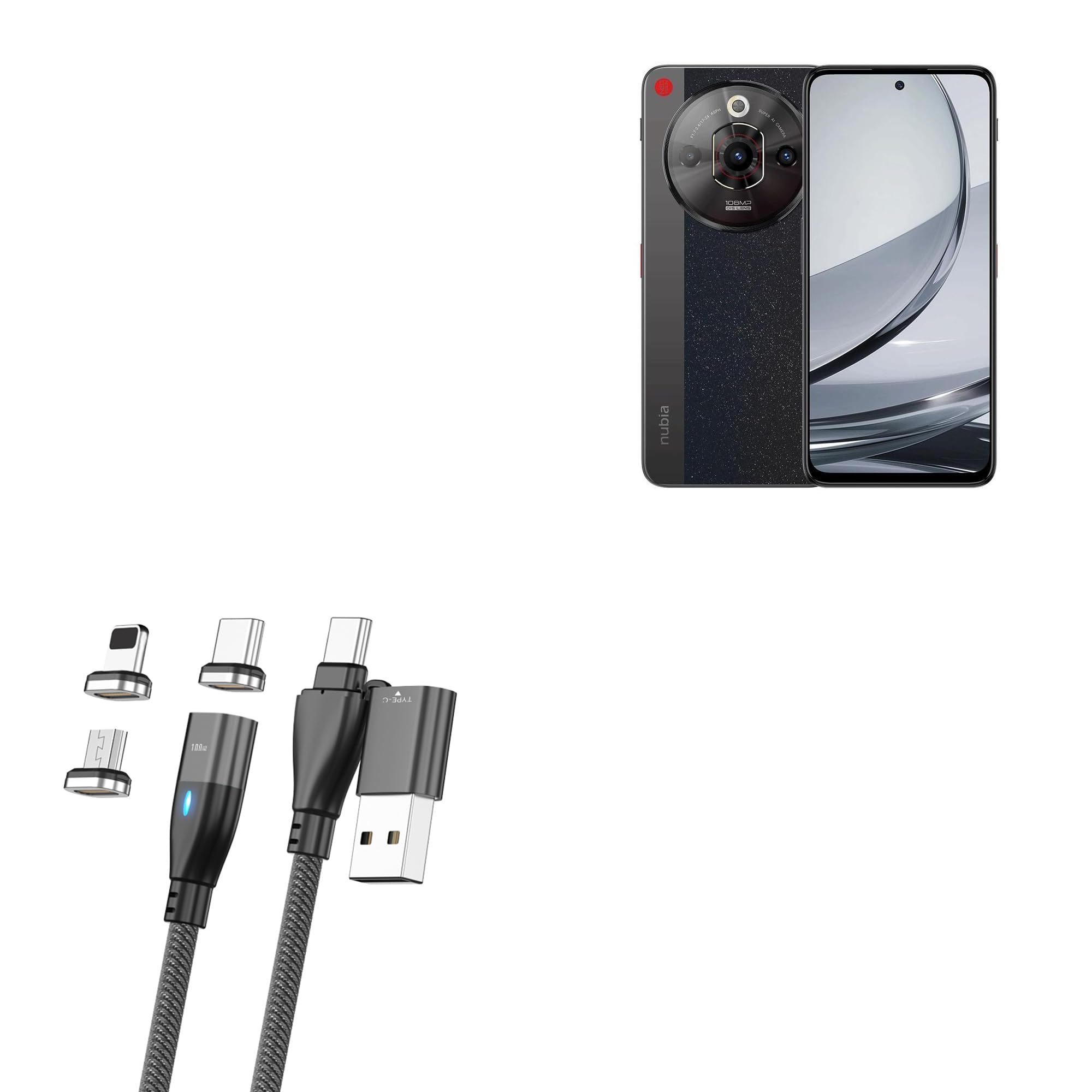 BoxWave Cable Compatible with ZTE Nubia Focus Pro - MagnetoSnap PD AllCharge Cable (100W), Magnet PD 100W Charging Cable USB Type-C Micro USB - Jet Black