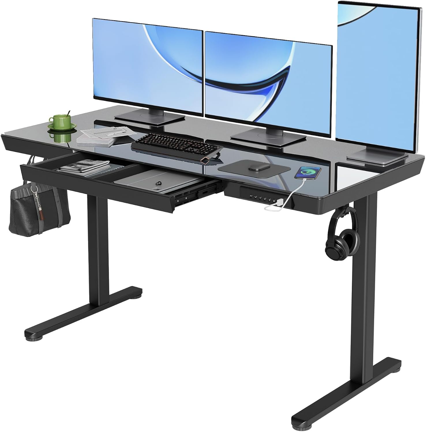 YDN Glass Standing Desk with Drawers, 55 x 24 Inch Electric Stand Up Desk with USB Ports, Adjustable Height for Home Office, Black YDN Glass Standing Desk with Drawers, 55 x 24 Inch Electric Stand Up Desk with USB Ports, Adjustable Height for Home Office, Black