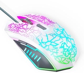 Raton Gaming con Cable, 4 dpi Ajustables hasta 3600,Gaming Mouse Óptico, 6 Botones Programables, 7 Modos de Iluminación RGB Personalizable, Ratones USB para PC, Laptop, MacBook-Blanco