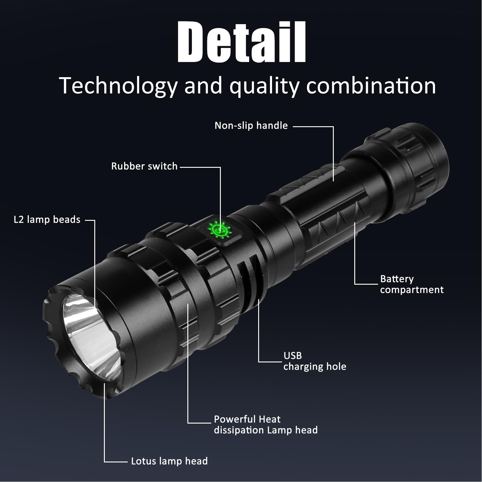 Kit de Linterna LED Alta Potencia Recargable 1600 LM Brillante Antorcha Táctica Linterna de Mano 5 modos 500 metros Impermeable con cargador USB y modo SOS (batería incluida)