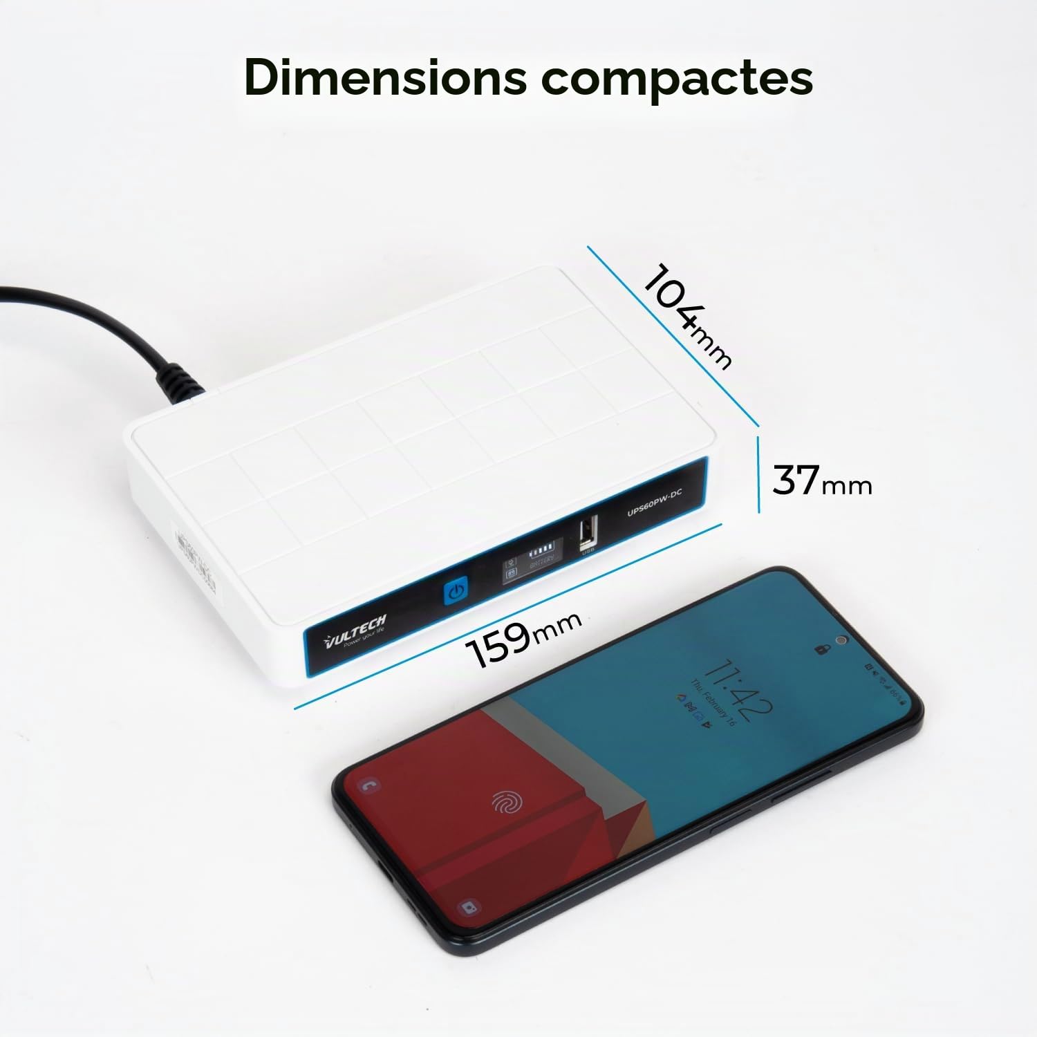 VulTech UPS60PW-DC Rev. 2.1 Blanc Mini UPS 6000mAh 60W Portable Alimentation sans Interruption pour Routeur sans Fil Modem Caméra Power Bank Smartphone Entrée 100-240 VAC USB 5V DC 12V
