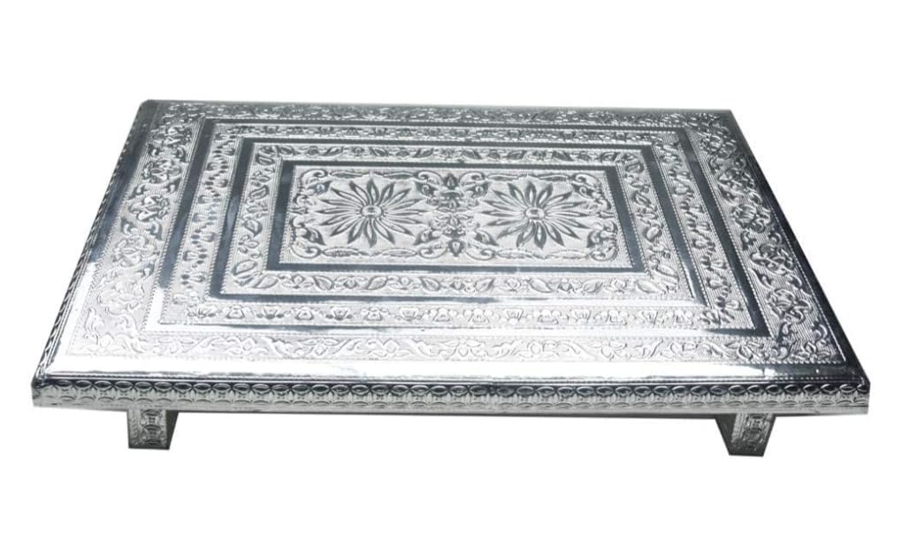 Handicrafts puja bajot/Silver chowki/bajot for Pooja/paata for god/Bajot/Chowki/Peeta/Patla for Religious Purpose | Designed Beautifully in Wood Silver rajwadi Work, Colour : Silver 12x18 INCHES-image-38