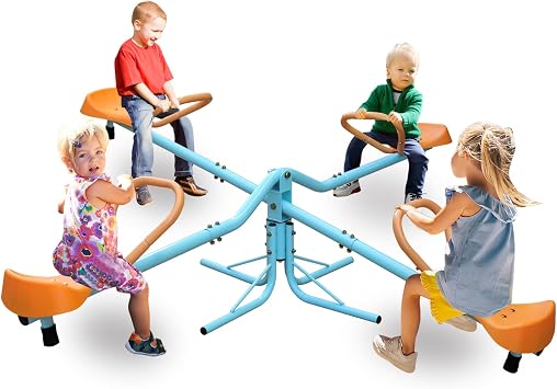 360 Degrees Rotating Teeter Totter Seesaw for Kids, 1-4 Person Metal Rocking Seesaw for Boys Girls Indoor Outdoor Rocker Toy Playground Equipment for Backyard 4 Seats-Blue