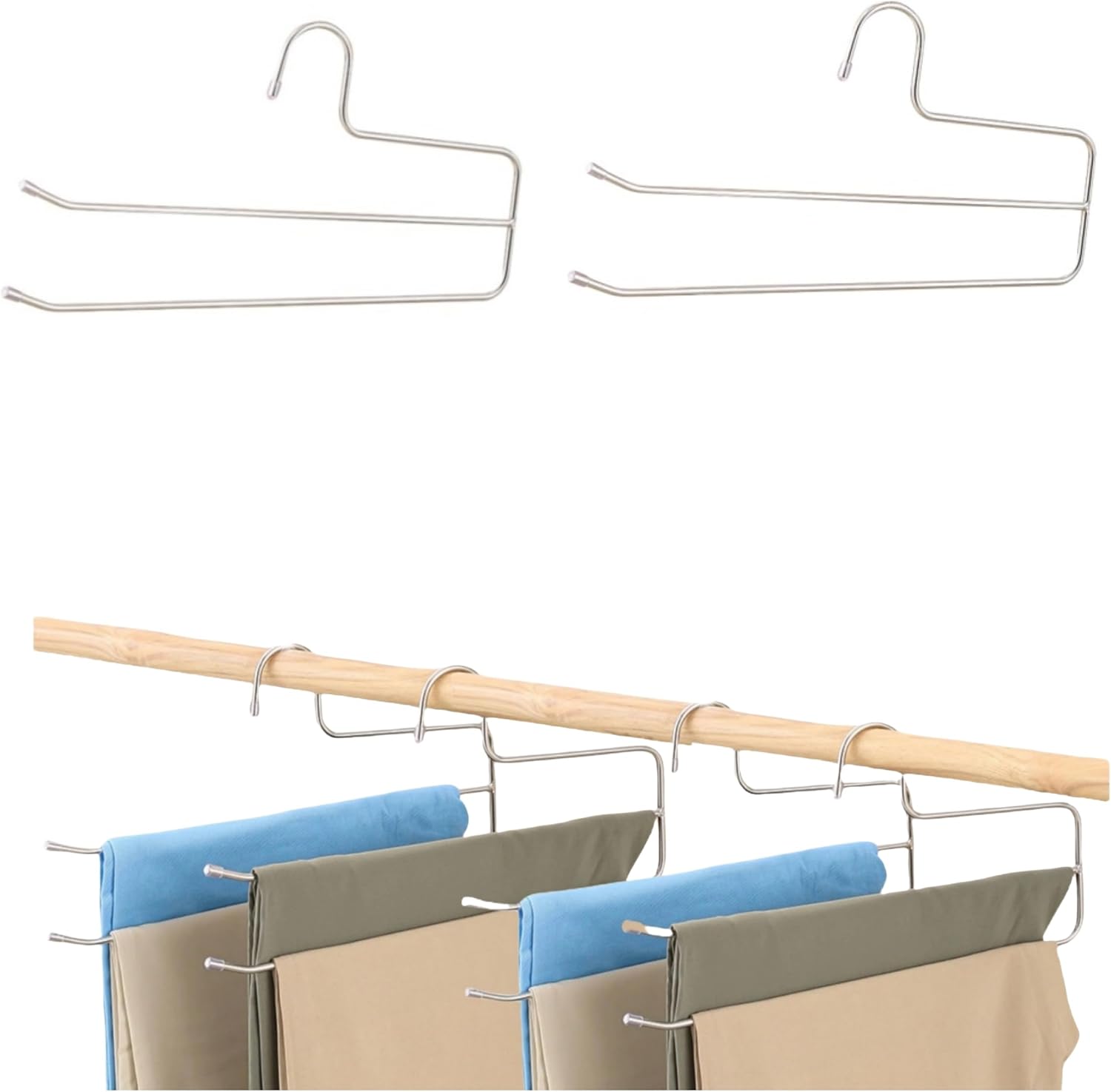 Pants Hangers Space Saving 6 Pack 2 Layers Trouser Hanger Multifunctional 5.0 mm Stainless Steel Jeans Rack for Wardrobe Heavy Trousers Scarf Jeans Silver
