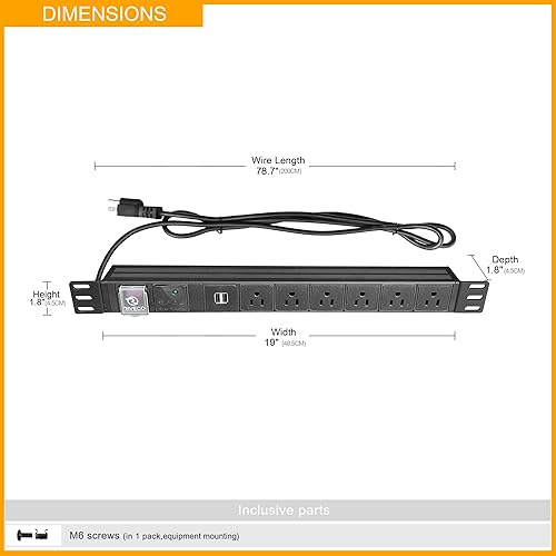 Miniatura 2 de RIVECO PDU 6 tomacorrientes con 2 puertos USB, regleta flexible de montaje en rack para gabinete de servidor de 19 pulgadas, con protector de