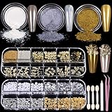 Teenitor Gold Chrome Nail Powder Kit with Nail Charms and Gems, Pearl Nail Chrome Powder for Nails, Silver Crome Powder for Gel Nails, Nail Supplies Nail Decor