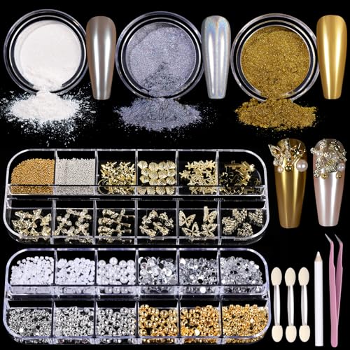 Teenitor Gold Chrome Nail Powder Kit with Nail Charms and Gems Pearl Nail Chrome Powder for Nails Silver Crome Powder for Gel Nails Nail Supplies Nail Decor