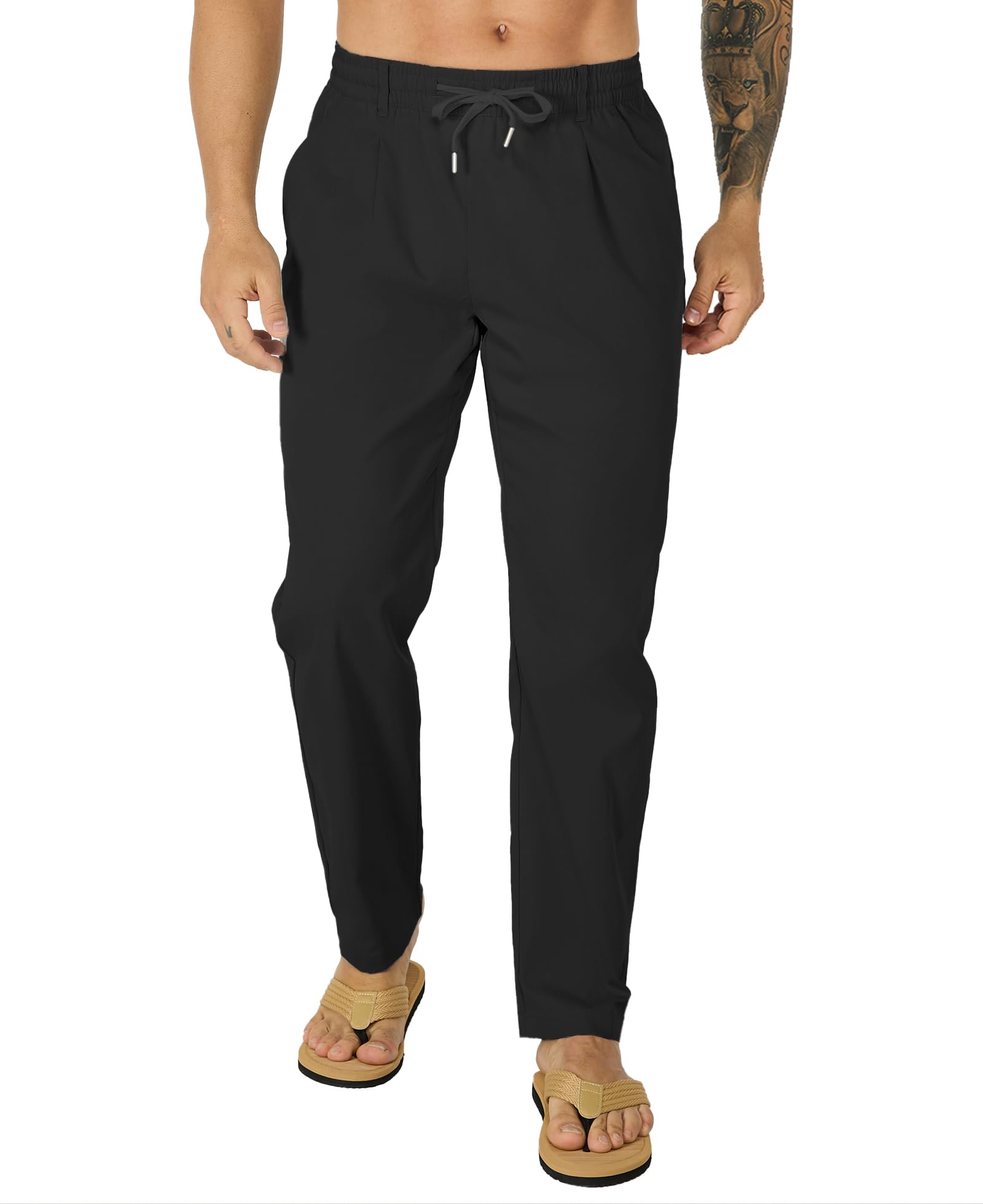 Susclude Pleated Casual Pants for Men Lightweight Drawstring Mens Beach Multi Pants Loose Fit Summer Yoga Black Trousers
