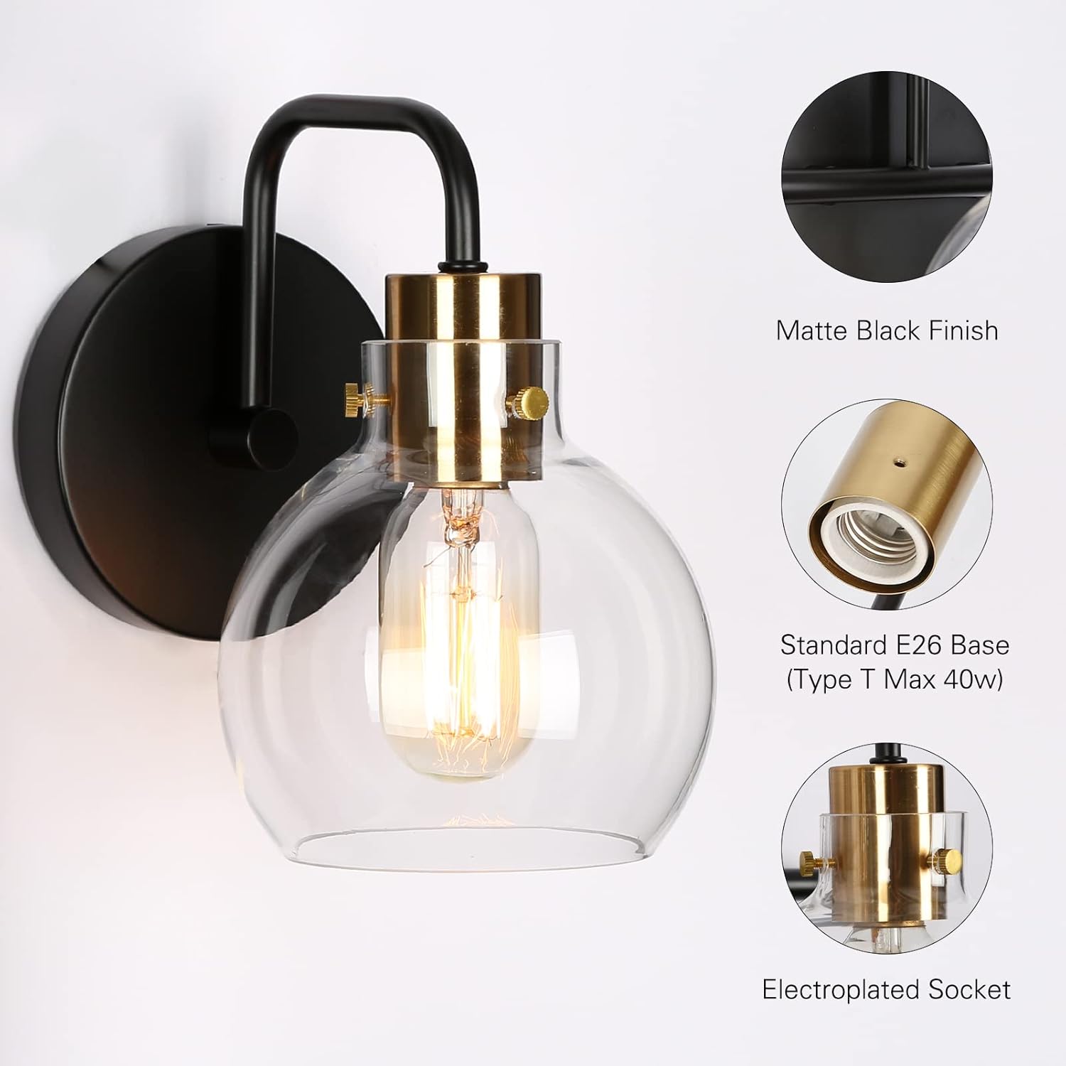 classy leaves Wall Sconces, 1-Light Black Bathroom Light Fixtures with Electroplated Gold Brass Socket, Farmhouse Black and Gold Sconces Wall Lighting, Clear Glass Shade (L 5.5" x W 8" x H 8")