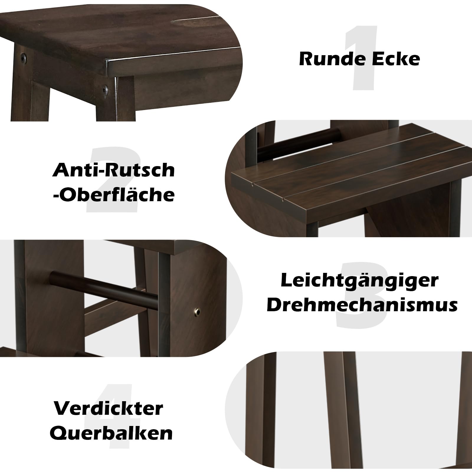 COSTWAY Taboret, drabina z 3 stopniami, składana, z uchwytem, do 310 kg, drabina domowa z litego drewna, antypoślizgowa, taboret do domu, biura, kuchni (ciemnobrązowy)