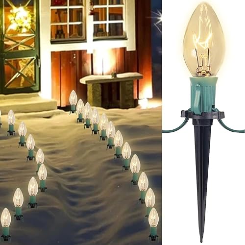 Couah Luces de camino de Navidad C9, 38 pies, luces transparentes de camino de Navidad con 25 bombillas incandescentes y estacas para exteriores, disponible en Yaxa Colombia